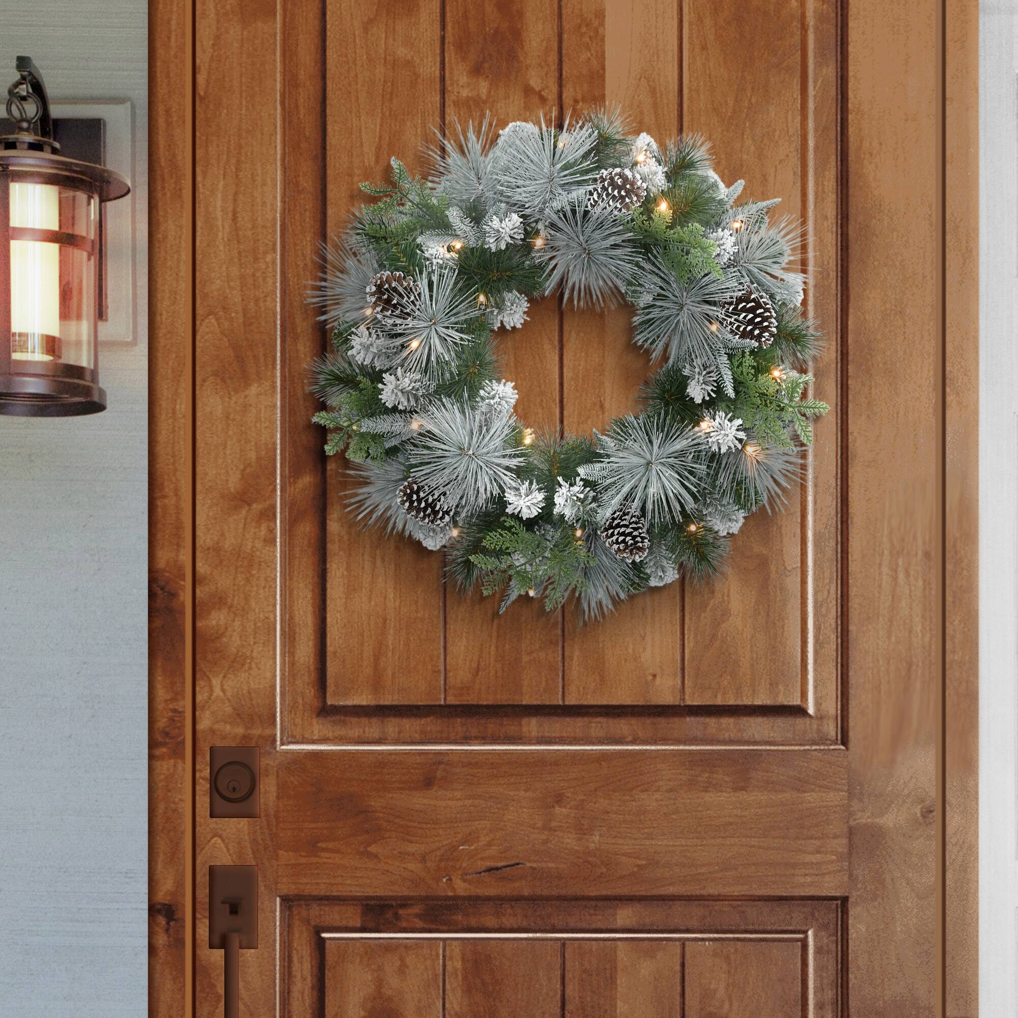 24" Pre-Lit Green Flocked Artificial Wreath with Pinecones